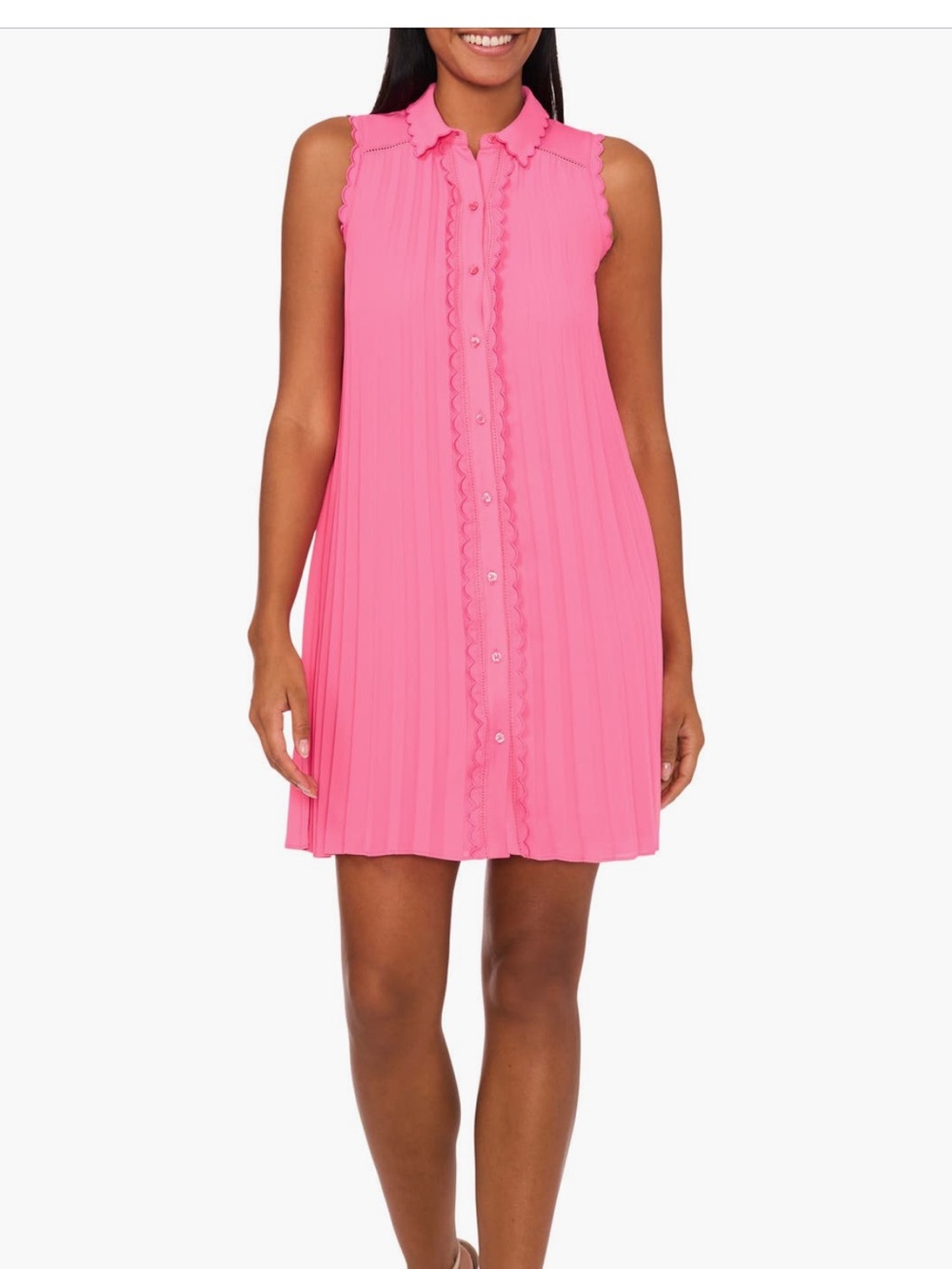 CeCe Sleeveless Pleated Button-Front Dress in Bright Pink
